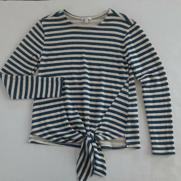 Stella & Dot S Small Striped Tatum Scoop Neck Front Knot Knit Top Blue Ivory - Picture 2 of 7